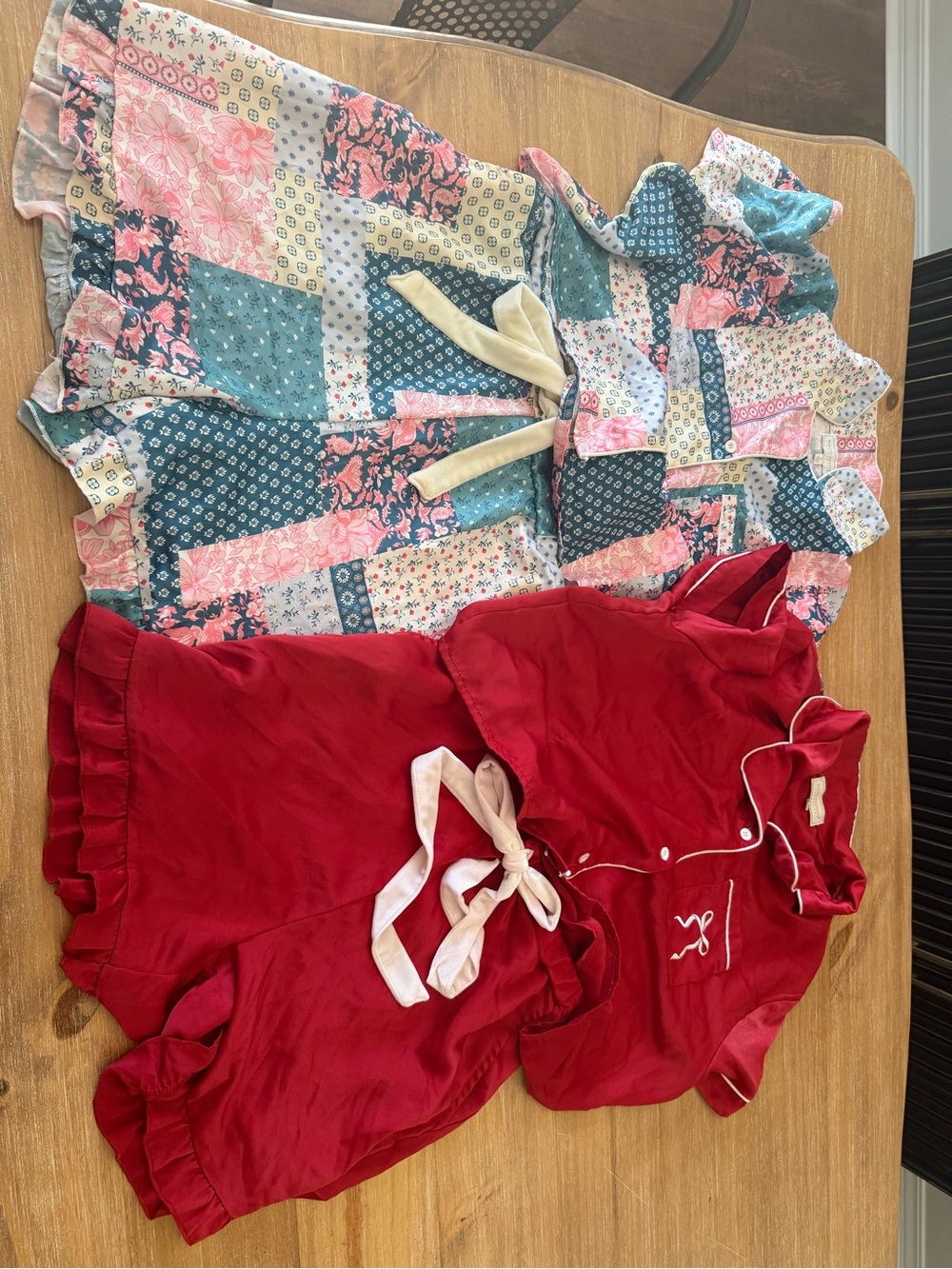 Simply Southern Satin Red Ruffle Short and Patchwork Pajama Sets with Cream Ties